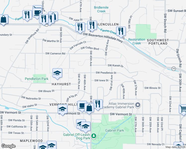 map of restaurants, bars, coffee shops, grocery stores, and more near 4417 Southwest Pendleton Street in Portland