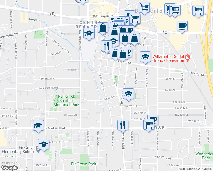 map of restaurants, bars, coffee shops, grocery stores, and more near 12670 Southwest 8th Street in Beaverton