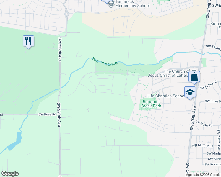 map of restaurants, bars, coffee shops, grocery stores, and more near 5496 Southwest 229th Avenue in Beaverton