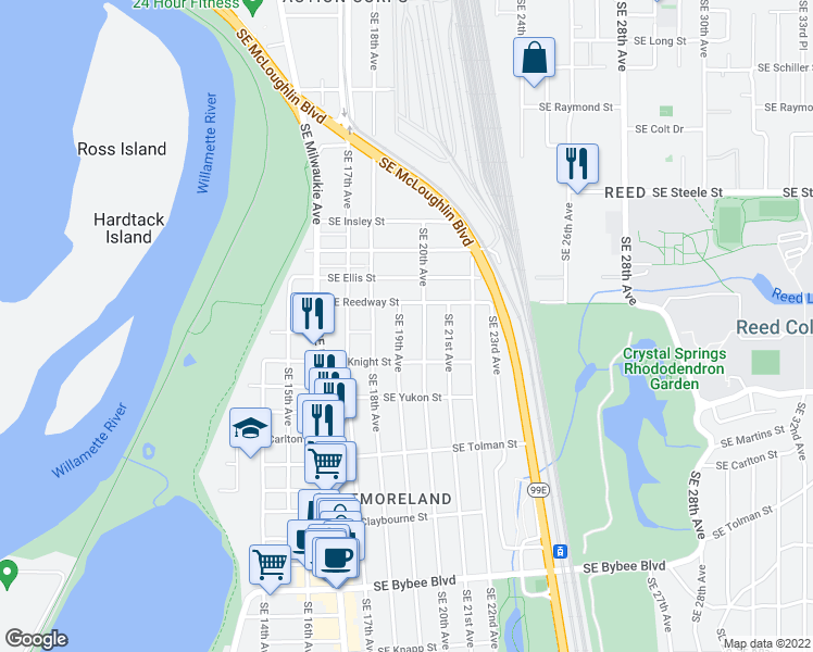 map of restaurants, bars, coffee shops, grocery stores, and more near 1912 Southeast Reedway Street in Portland