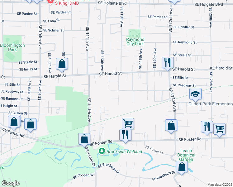 map of restaurants, bars, coffee shops, grocery stores, and more near 11435 Southeast Reedway Street in Portland