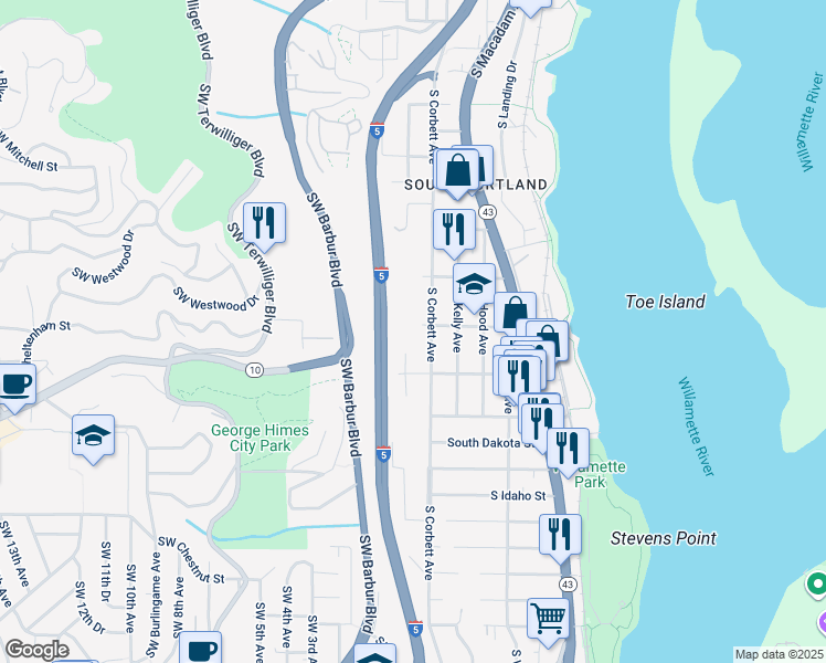map of restaurants, bars, coffee shops, grocery stores, and more near 102 Southwest Pendleton Street in Portland