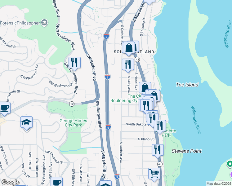 map of restaurants, bars, coffee shops, grocery stores, and more near 102 Southwest Pendleton Street in Portland