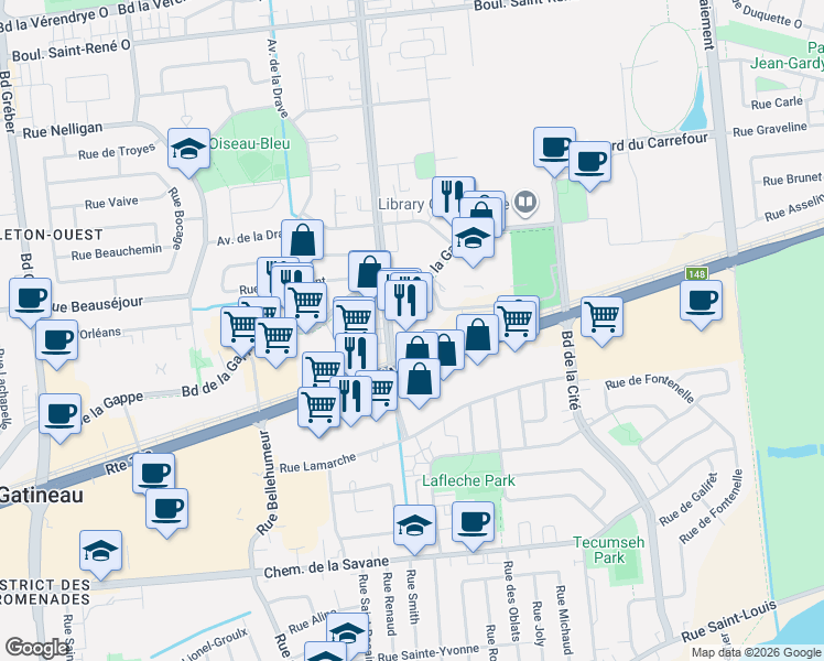 map of restaurants, bars, coffee shops, grocery stores, and more near 120 Boulevard de l'Hôpital in Gatineau