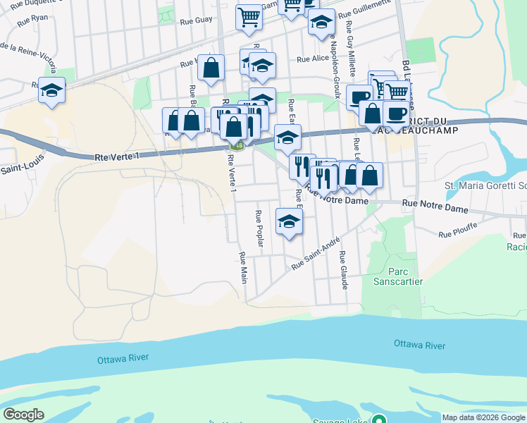 map of restaurants, bars, coffee shops, grocery stores, and more near 124 Rue Poplar in Gatineau