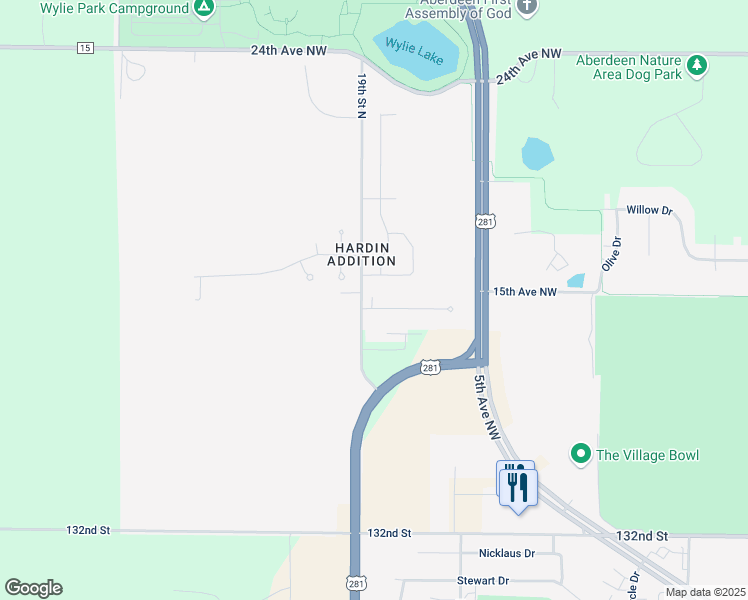 map of restaurants, bars, coffee shops, grocery stores, and more near 19th St N in Aberdeen
