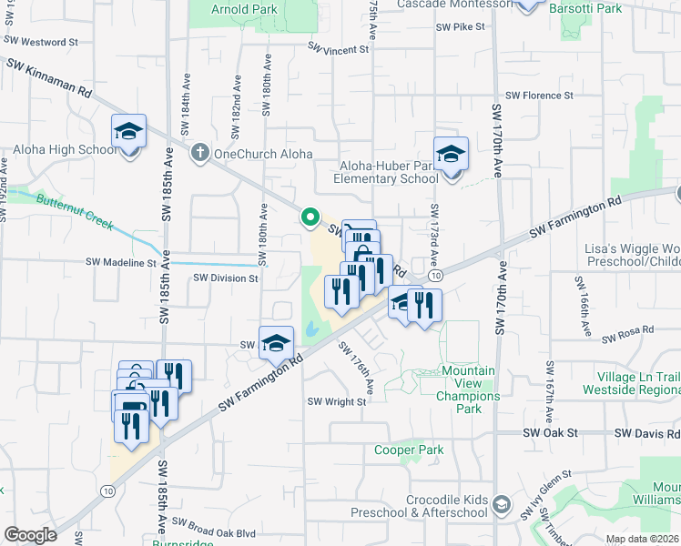 map of restaurants, bars, coffee shops, grocery stores, and more near 17554 Southwest Farmington Road in Aloha