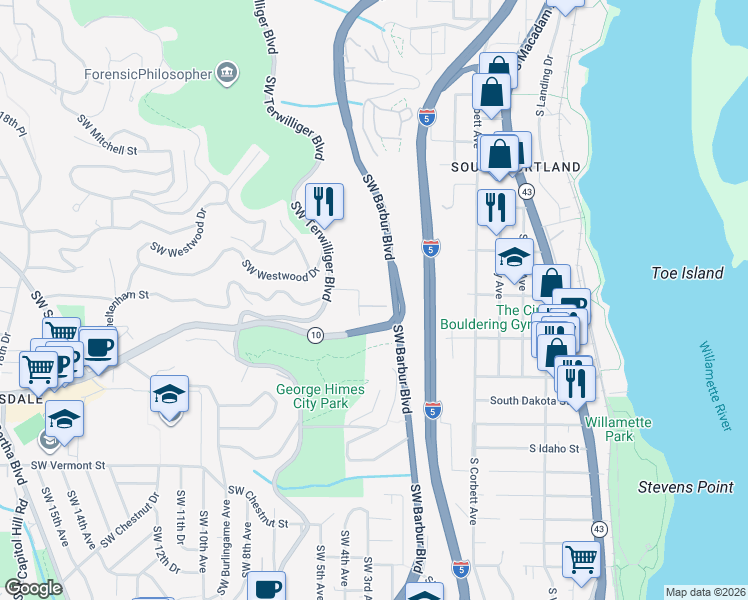 map of restaurants, bars, coffee shops, grocery stores, and more near 5862 Southwest Ralston Drive in Portland