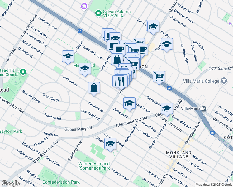 map of restaurants, bars, coffee shops, grocery stores, and more near 5535 Chemin Queen Mary in Montréal