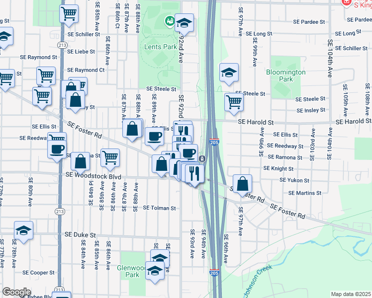 map of restaurants, bars, coffee shops, grocery stores, and more near 5716 Southeast 92nd Avenue in Portland