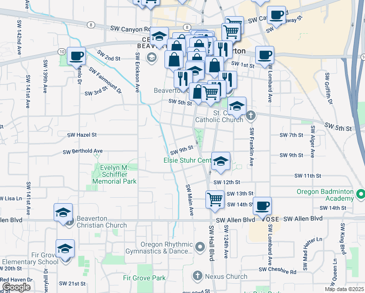 map of restaurants, bars, coffee shops, grocery stores, and more near 12695 Southwest 9th Street in Beaverton