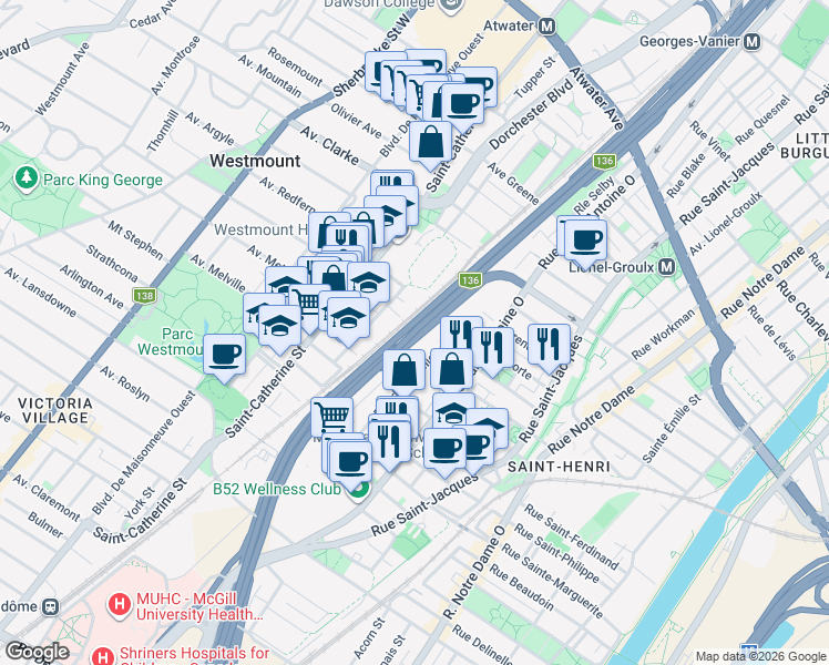 map of restaurants, bars, coffee shops, grocery stores, and more near Autoroute 720 in Westmount
