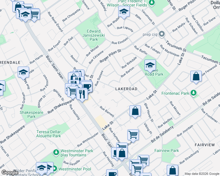 map of restaurants, bars, coffee shops, grocery stores, and more near 308 Rue Dauphin in Dollard-des-Ormeaux