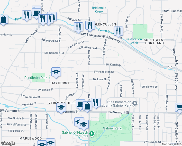map of restaurants, bars, coffee shops, grocery stores, and more near 4417 Southwest Pendleton Street in Portland
