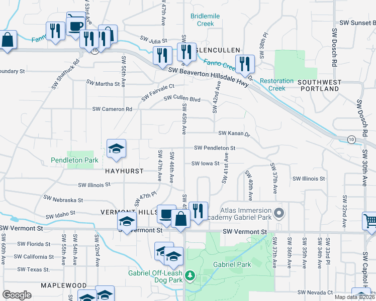 map of restaurants, bars, coffee shops, grocery stores, and more near 5908 Southwest 45th Avenue in Portland
