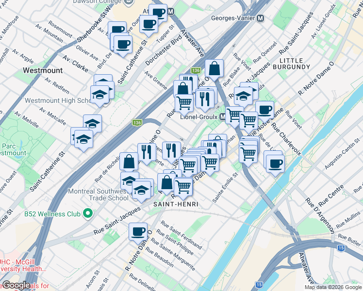 map of restaurants, bars, coffee shops, grocery stores, and more near 3601 Rue Saint-Jacques in Montréal