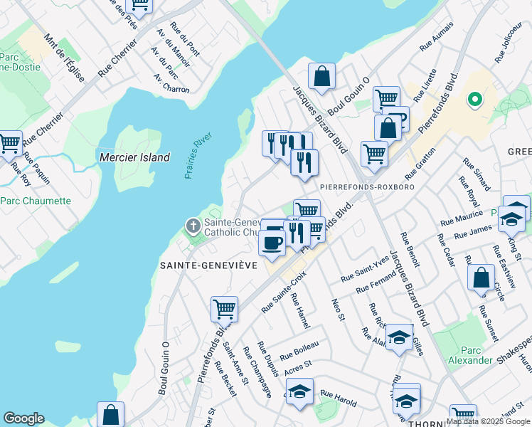 map of restaurants, bars, coffee shops, grocery stores, and more near 15790 Rue de la Caserne in Montréal