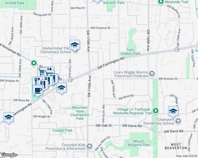 map of restaurants, bars, coffee shops, grocery stores, and more near 5385 Southwest 167th Avenue in Beaverton