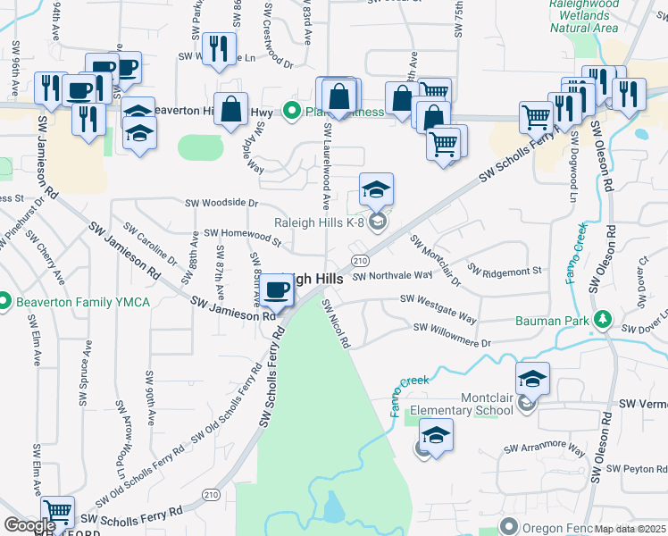 map of restaurants, bars, coffee shops, grocery stores, and more near 5419 Southwest Scholls Ferry Road in Portland