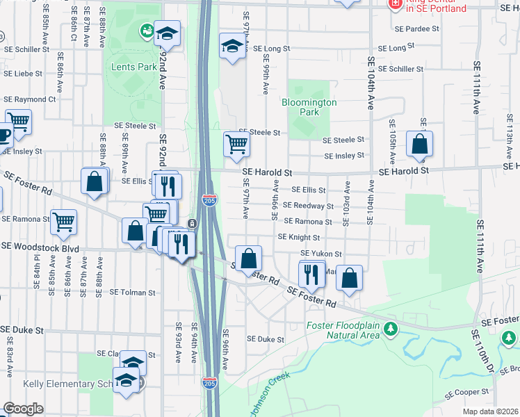map of restaurants, bars, coffee shops, grocery stores, and more near 9819 Southeast Reedway Street in Portland