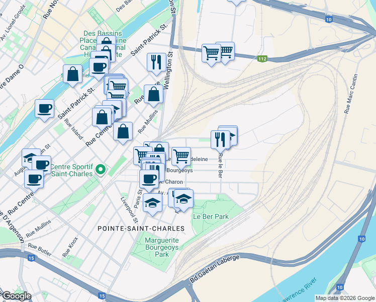 map of restaurants, bars, coffee shops, grocery stores, and more near 1860 Rue Favard in Montréal