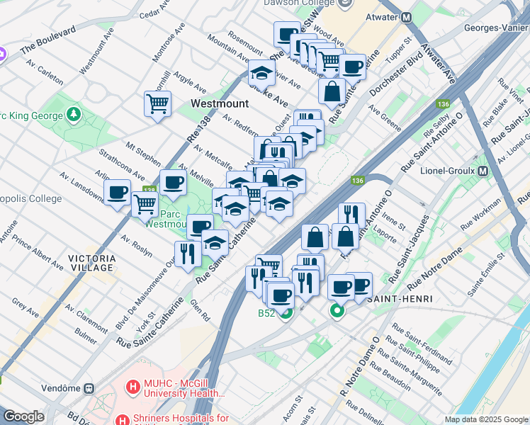 map of restaurants, bars, coffee shops, grocery stores, and more near 4488 Saint Catherine Street West in Westmount