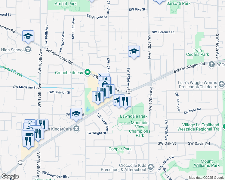 map of restaurants, bars, coffee shops, grocery stores, and more near 17455 Southwest Farmington Road in Aloha