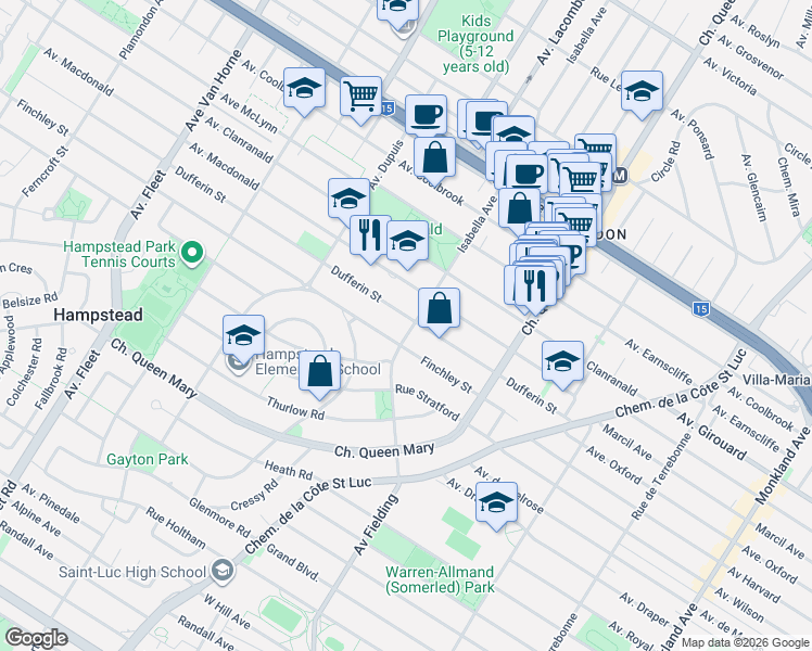 map of restaurants, bars, coffee shops, grocery stores, and more near 142 Rue Dufferin in Hampstead