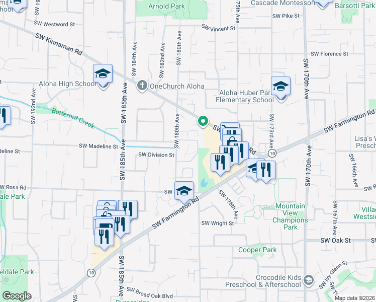 map of restaurants, bars, coffee shops, grocery stores, and more near 5400 SW 180th Ave in Aloha