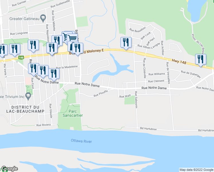 map of restaurants, bars, coffee shops, grocery stores, and more near 453 Rue Notre Dame in Gatineau