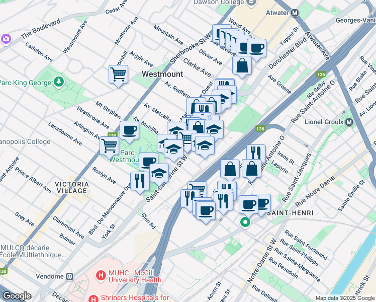 map of restaurants, bars, coffee shops, grocery stores, and more near 225 Melville Avenue in Westmount