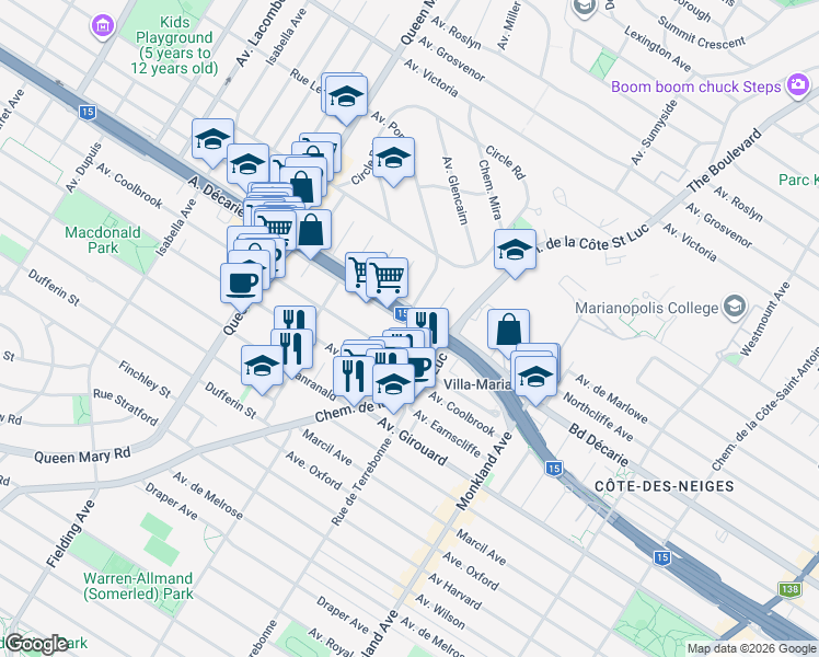 map of restaurants, bars, coffee shops, grocery stores, and more near 4586 Boulevard Décarie in Montréal