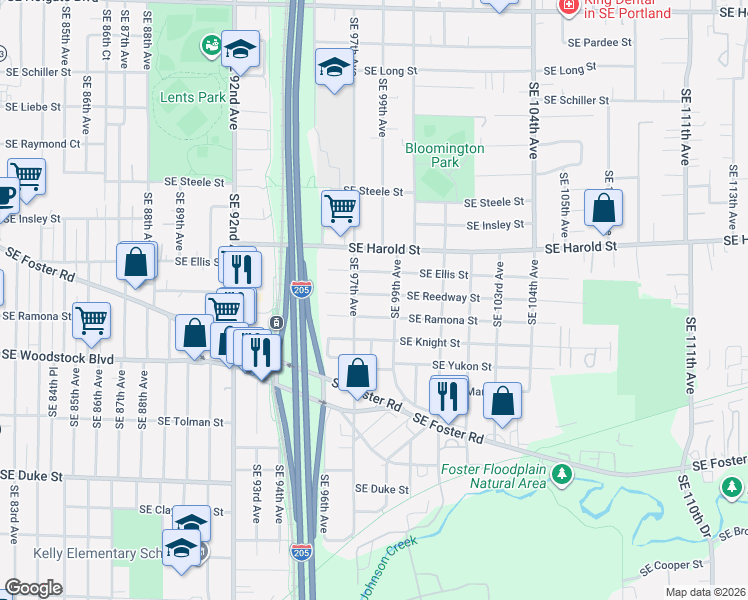 map of restaurants, bars, coffee shops, grocery stores, and more near 9819 Southeast Reedway Street in Portland
