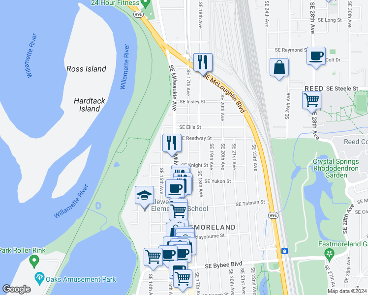 map of restaurants, bars, coffee shops, grocery stores, and more near 1632 Southeast Reedway Street in Portland