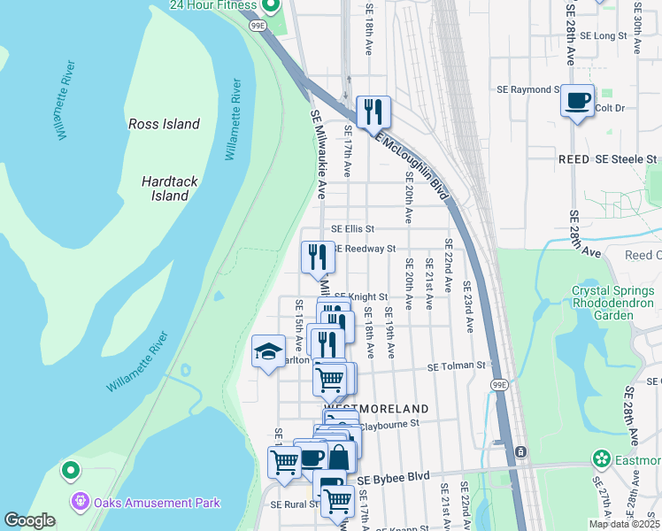 map of restaurants, bars, coffee shops, grocery stores, and more near 1632 Southeast Reedway Street in Portland