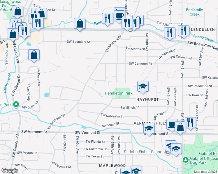 map of restaurants, bars, coffee shops, grocery stores, and more near 5542 Southwest Pendleton Street in Portland