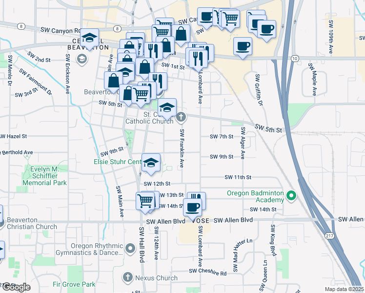 map of restaurants, bars, coffee shops, grocery stores, and more near 5270 Southwest Franklin Avenue in Beaverton