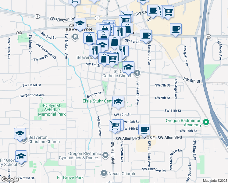map of restaurants, bars, coffee shops, grocery stores, and more near 5220 Southwest Hall Court in Beaverton