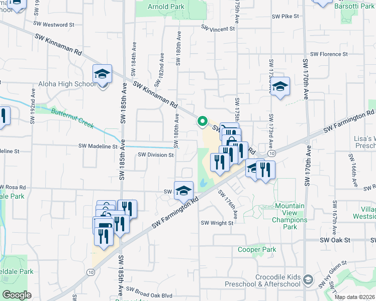 map of restaurants, bars, coffee shops, grocery stores, and more near 5410 Southwest 180th Avenue in Aloha