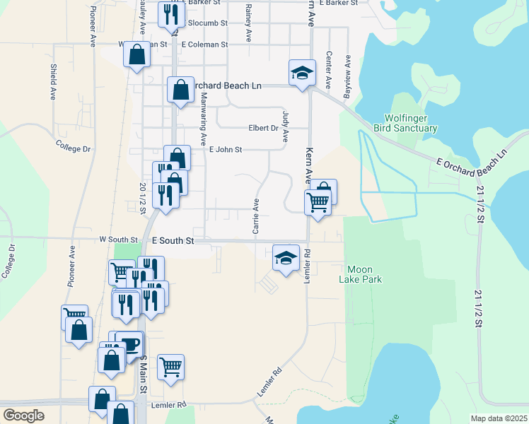 map of restaurants, bars, coffee shops, grocery stores, and more near 1825 Carrie Avenue in Rice Lake