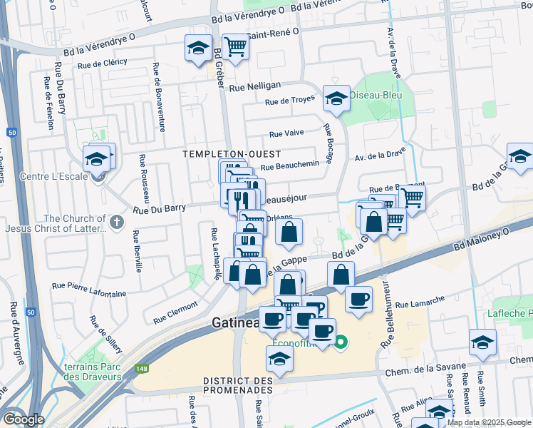 map of restaurants, bars, coffee shops, grocery stores, and more near 14 Rue d'Orléans in Gatineau