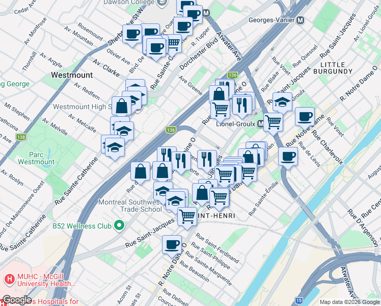 map of restaurants, bars, coffee shops, grocery stores, and more near 855 Rue Irène in Montréal