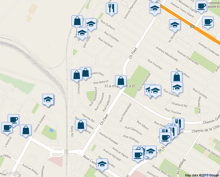 map of restaurants, bars, coffee shops, grocery stores, and more near 2 Rue Fallbrook in Hampstead