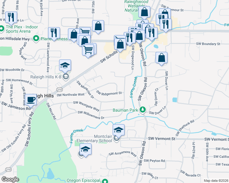 map of restaurants, bars, coffee shops, grocery stores, and more near 7195 Southwest Ridgemont Street in Portland