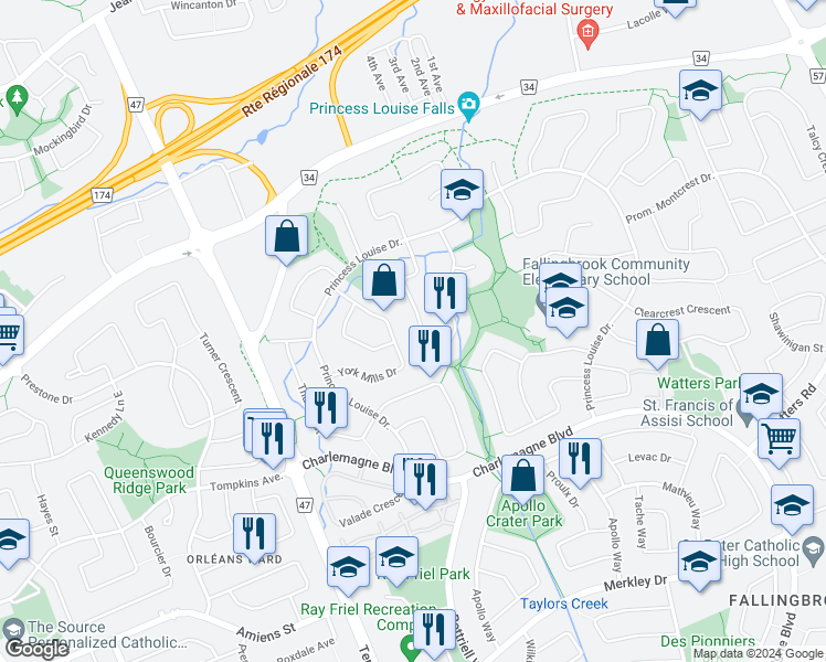 map of restaurants, bars, coffee shops, grocery stores, and more near 564 Falwyn Crescent in Ottawa