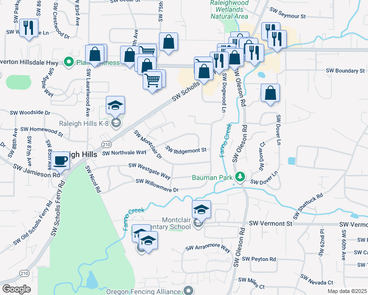 map of restaurants, bars, coffee shops, grocery stores, and more near 7295 Southwest Ridgemont Street in Portland