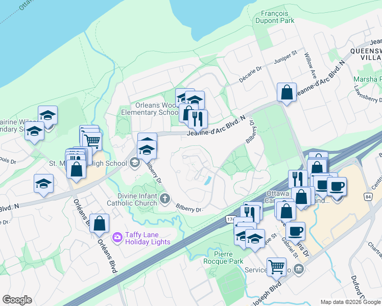 map of restaurants, bars, coffee shops, grocery stores, and more near 270 Titanium Private in Ottawa