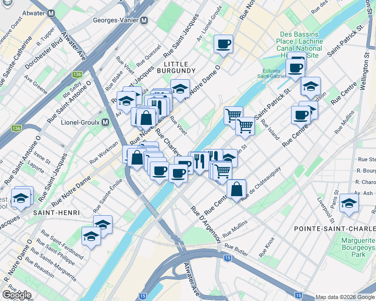 map of restaurants, bars, coffee shops, grocery stores, and more near 90 Rue Vinet in Montréal