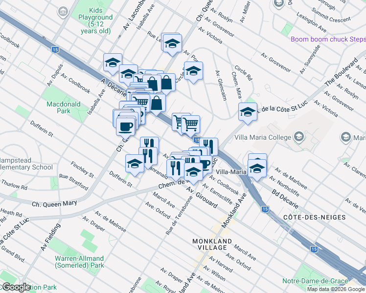 map of restaurants, bars, coffee shops, grocery stores, and more near 4631 Avenue Coolbrook in Montréal