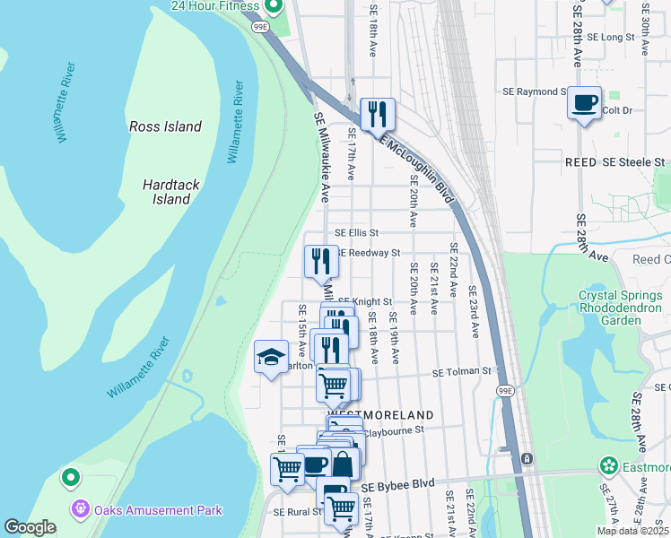 map of restaurants, bars, coffee shops, grocery stores, and more near 5741-5745 Southeast 17th Avenue in Portland